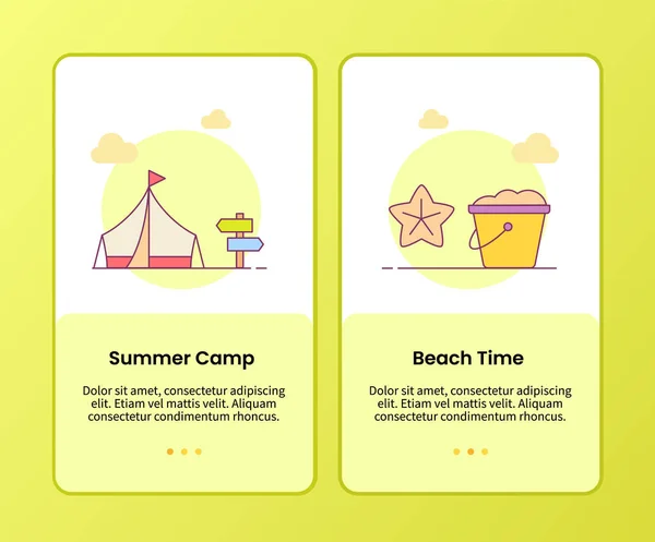サマーキャンプビーチタイムキャンペーンオンボーディングモバイルアプリ用バナーテンプレートフルカラースタイルのベクトルデザインイラスト — ストックベクタ