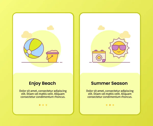 モバイルアプリのオンボーディングのためのビーチ夏のシーズンキャンペーンをお楽しみくださいアプリケーションバナーテンプレートフルカラースタイルのベクトルデザインイラスト — ストックベクタ