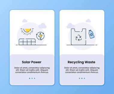 Mobil ui uygulama tasarımı için güneş enerjisi ve geri dönüşüm atığı şablonu Modern düz biçim vektör çizimi