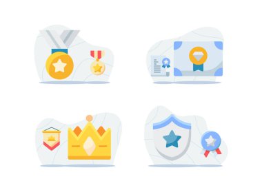 Altın madalya kazanan onur sertifikası modern düz çizgi film stili tasarım illüstrasyonuyla izole edilmiş arkaplanı garanti ediyor.