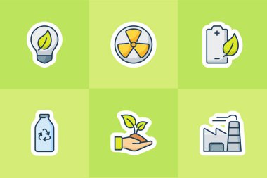 ekoloji simgeleri koleksiyon paketi yeşil izole arkaplanı modern çizgi film düz stil vektör tasarım illüstrasyonuna ayarlar