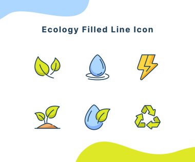 ecology filled line icon collection on pack white isolated background with modern flat cartoon style vector design illustration clipart