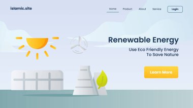 Yenilenebilir enerji, web sitesi indirme anasayfasının düz izole edilmiş arka plan çizimi için doğayı kaydetmek için temiz enerji kullanır