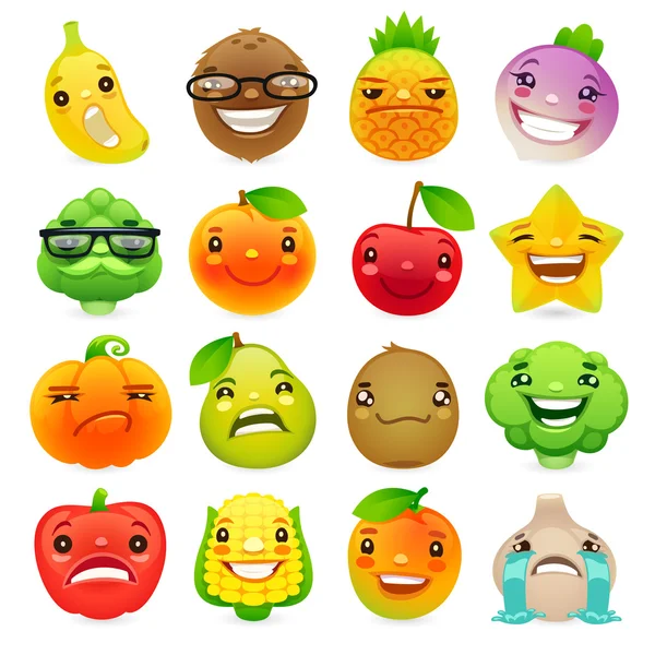 Funny Cartoon Fruits and Vegetables with different Emotions Set2 — стоковый вектор