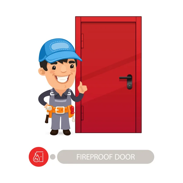 Fireproof Door and Worker — Stock Vector