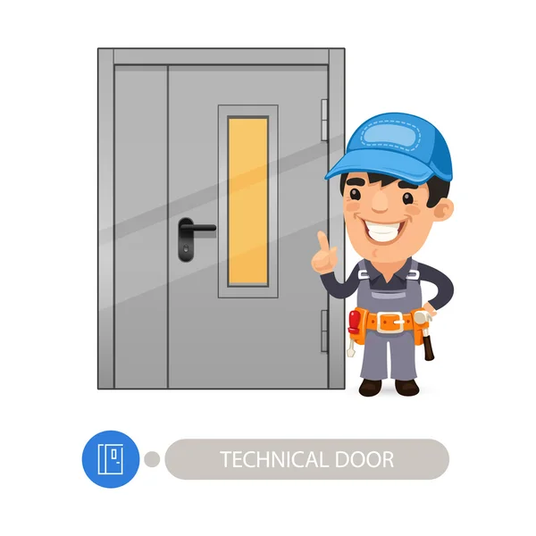 Technische Tür und Arbeiter — Stockvektor