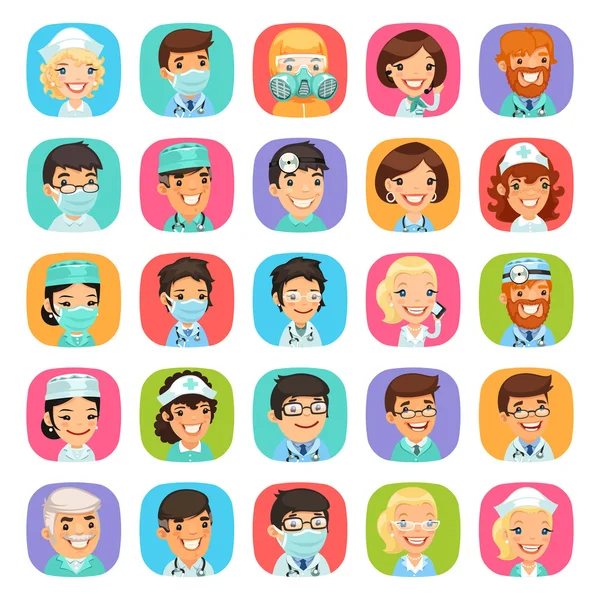 Médicos personajes de dibujos animados iconos conjunto — Vector de stock