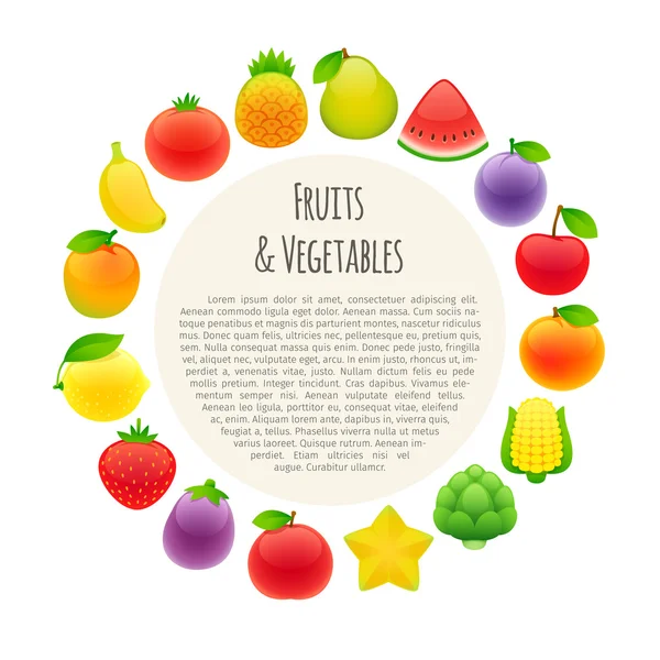 Banner redondo de frutas y verduras — Vector de stock