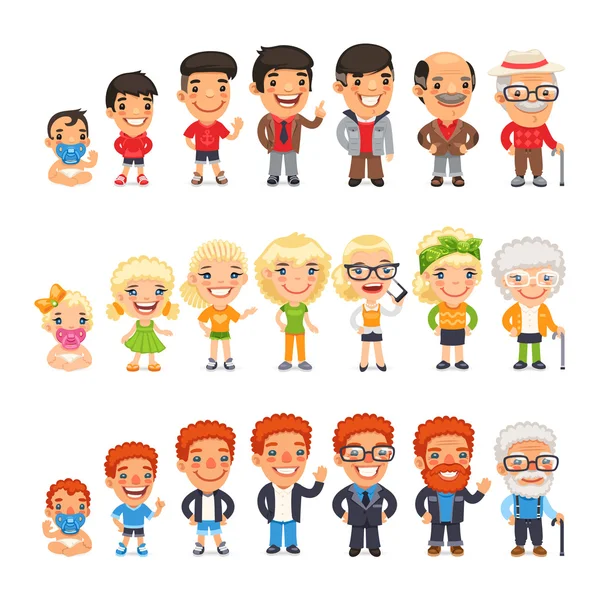 Three Characters Aging Set — Stock Vector