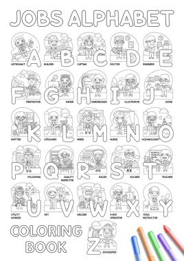 Çocuk alfabesi boyama kitabı. Öğrenmek için çizgi film meslekleri var. Astronot, mimar, kaptan, doktor, mühendis, itfaiyeci, oyuncu, kuaför, illüstratör, yargıç ve diğerleri..