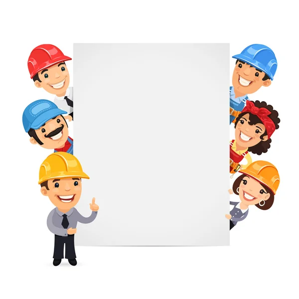 Builders Presenting Empty Vertical Banner — Stock Vector