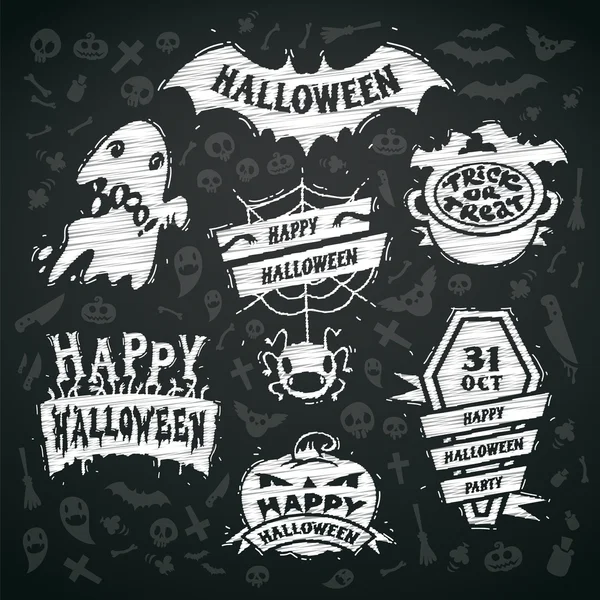 Chalk Vector Halloween Labels em fundo de quadro negro — Vetor de Stock