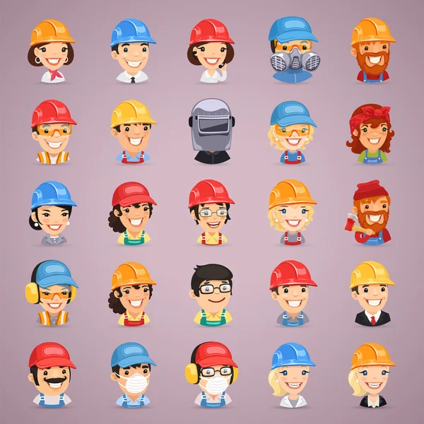 Conjunto de ícones de personagens de desenhos animados de construtores — Vetor de Stock