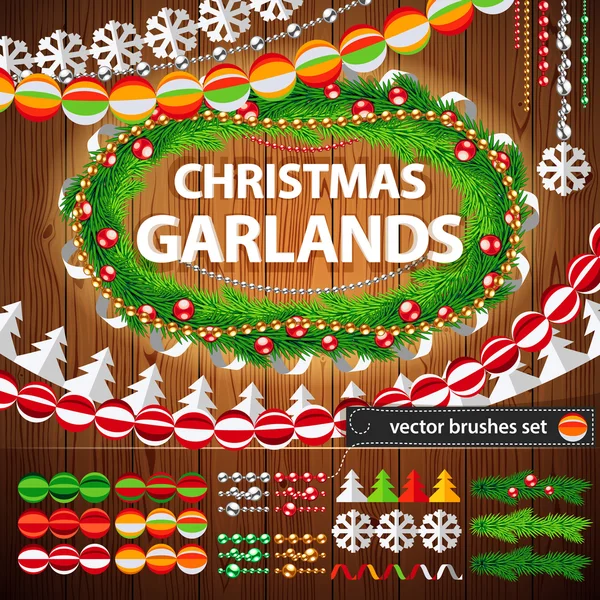Christmas Garlands Set on Wood Background — Stock Vector
