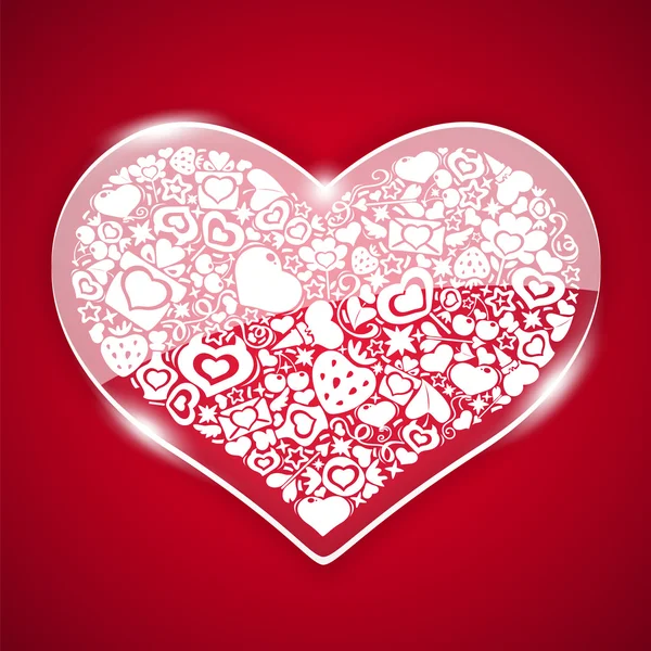 Glas Valentine hjärta på röd bakgrund — Stock vektor