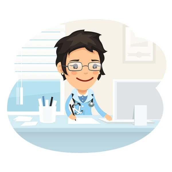 Woman Doctor Character Sitting at the Desk — Stock Vector