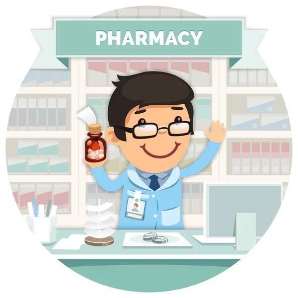 Apothecary behind the Counter at Pharmacy Round Banner — Stock Vector