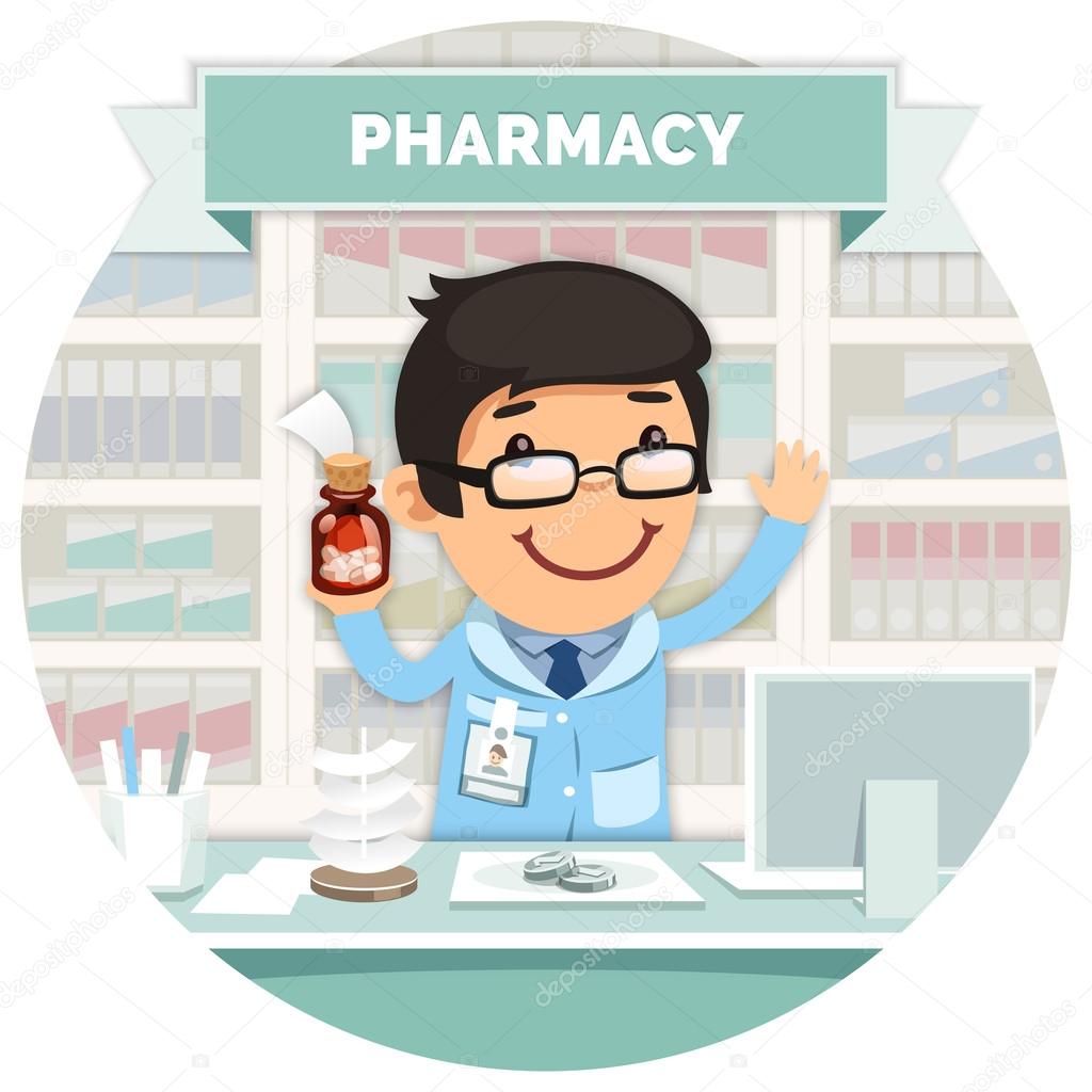 Apothecary behind the Counter at Pharmacy Round Banner