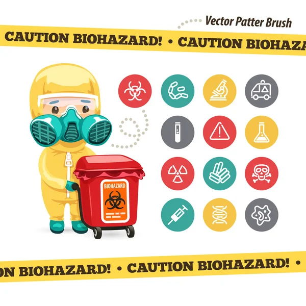 Vorsicht Biohazard-Symbole und Arzt mit rotem Behälter — Stockvektor