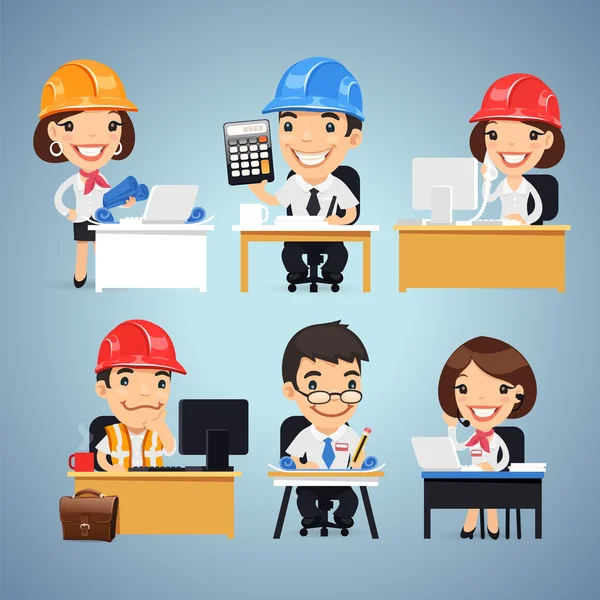 Engineers Cartoon Characters at the Table Set — Stock Vector