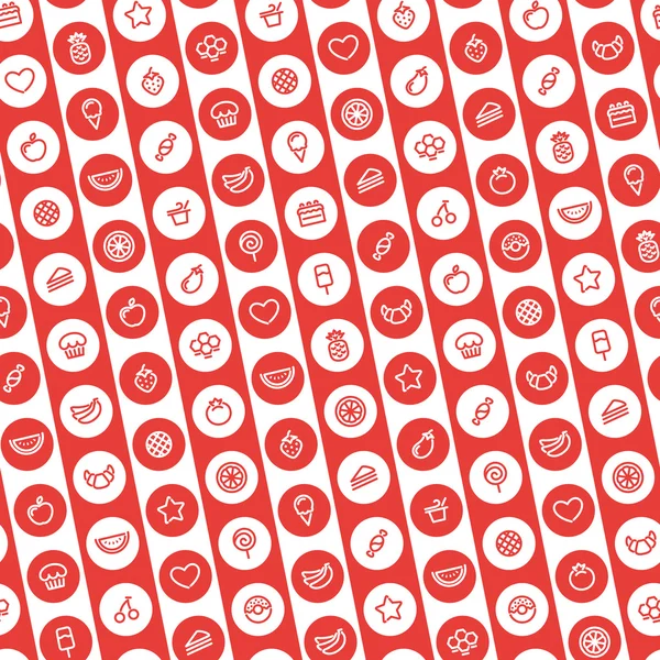 Rot gestreiftes nahtloses Muster mit Ikonen für Dessert und Früchte — Stockvektor