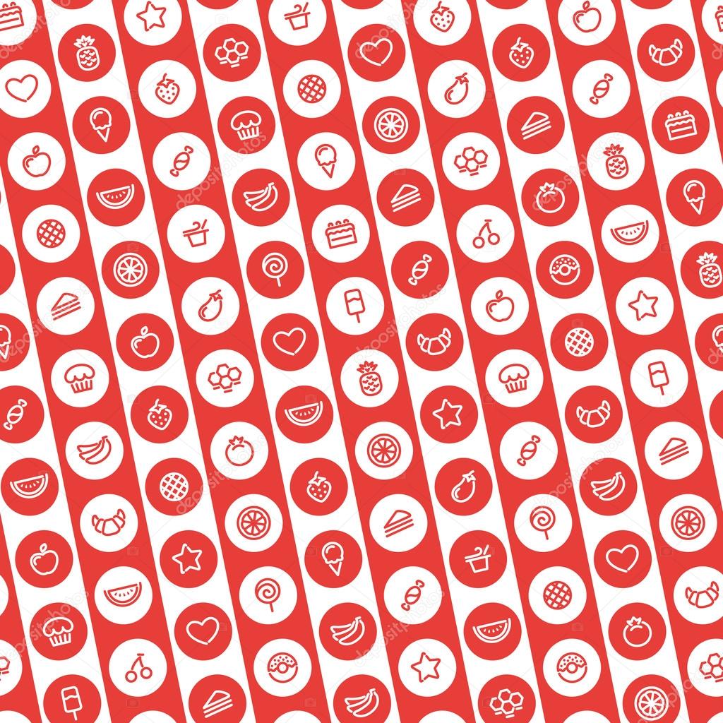 Red Striped Seamless Pattern with Dessert and Fruits Icons