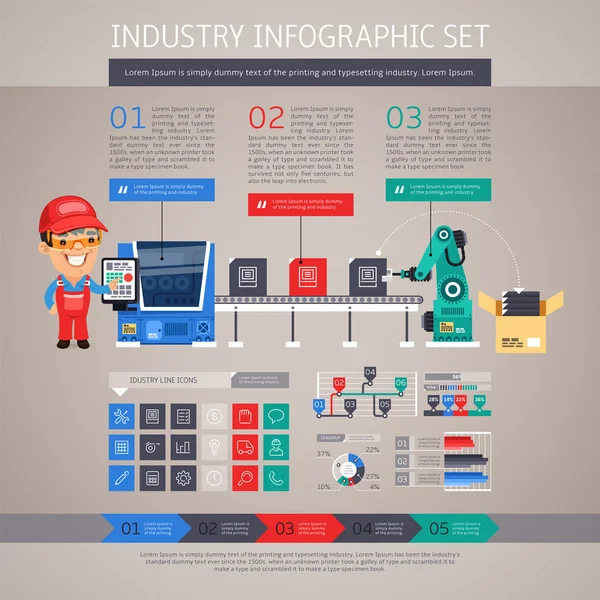 Conjunto de infografía industrial con transportador de fábrica y brazo de robot — Vector de stock