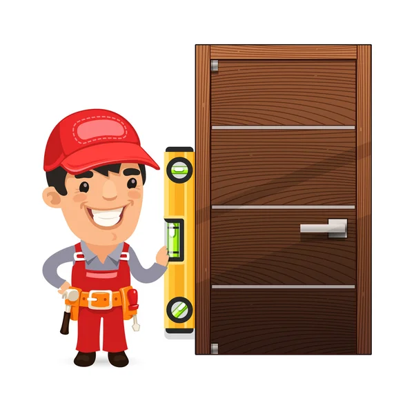 Carpenter ellenőrzi az új ajtó — Stock Vector