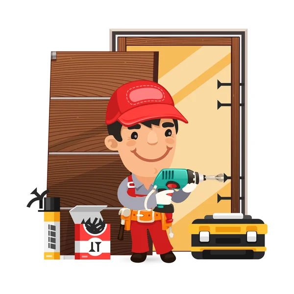 Carpenter Installs the Door — Stock Vector
