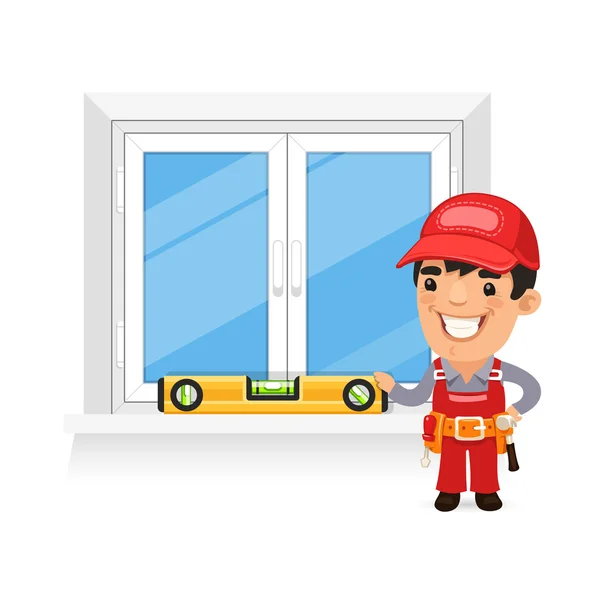 Carpenter Checks the New Window — Stock Vector