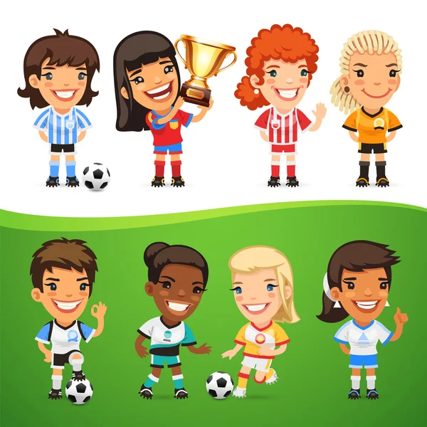 Juego de jugadores de fútbol de mujeres de dibujos animados — Vector de stock