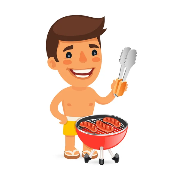 Young Man Cooking Sausages on Barbecue During Summer — Stockvector