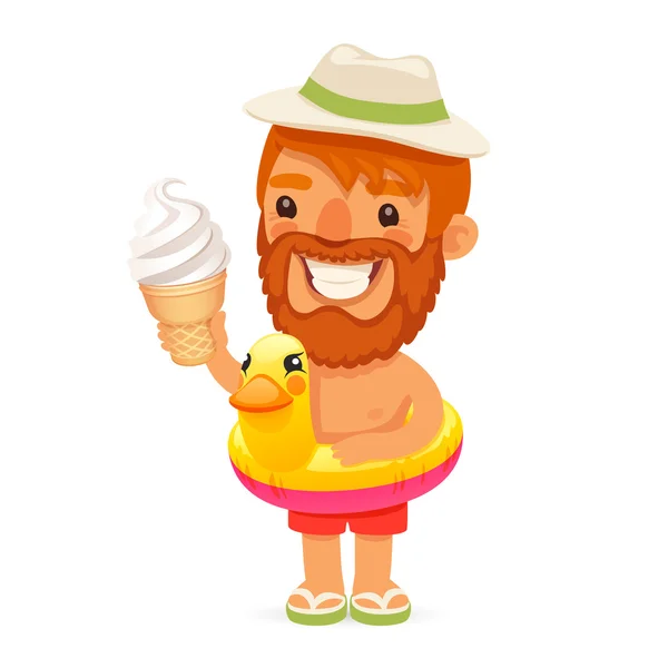 Bearded Man with Ice Cream on the Beach — Stock Vector