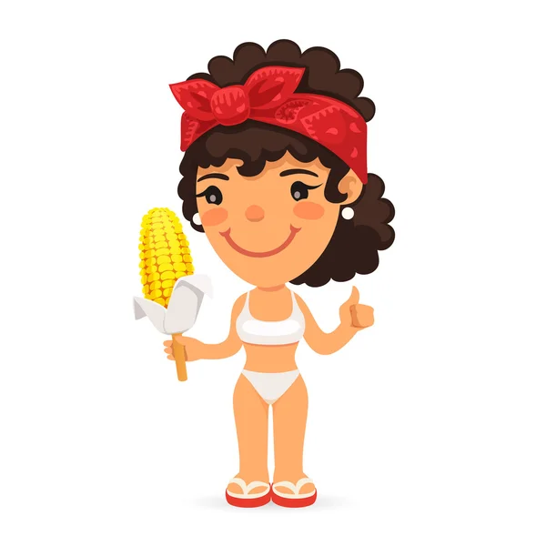 Frau in Badehose mit gekochtem Mais — Stockvektor