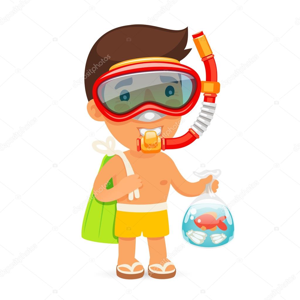 Young Man in Swim Mask Keeps Bag with Fish