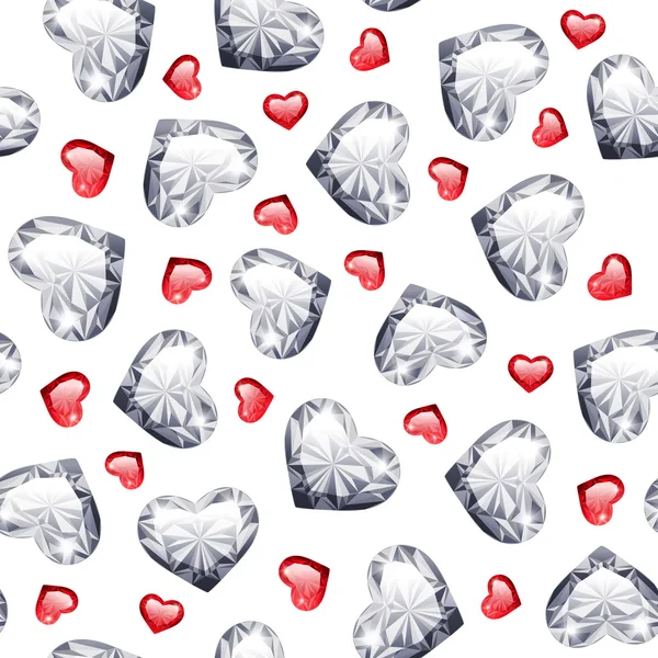 Ruby and Diamond Gem Hearts Seamless Pattern — Stock Vector