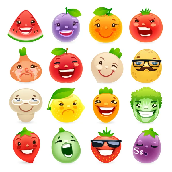 Komik karikatür meyve ve sebzeler farklı duygularla — Stok Vektör