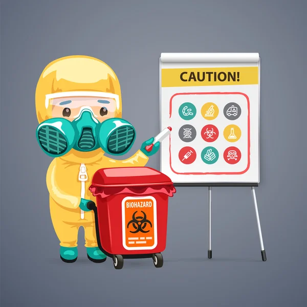 Precaución Biohazard Poster con Doctor y Flipchart — Vector de stock