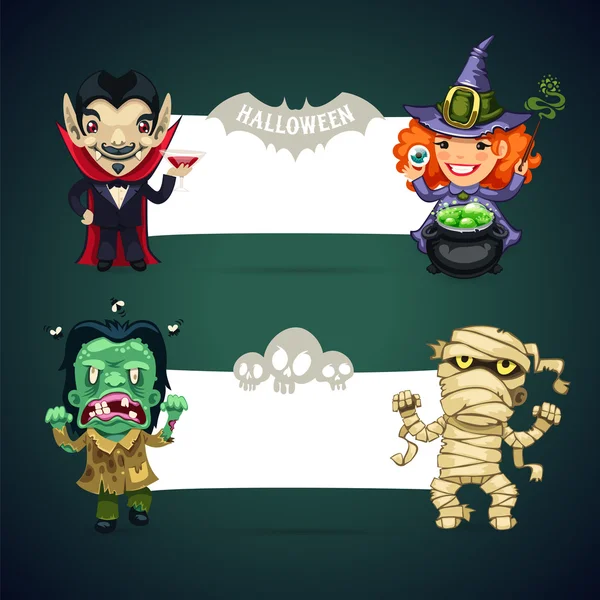 Conjunto de Banners de Halloween Vector com Monstros — Vetor de Stock