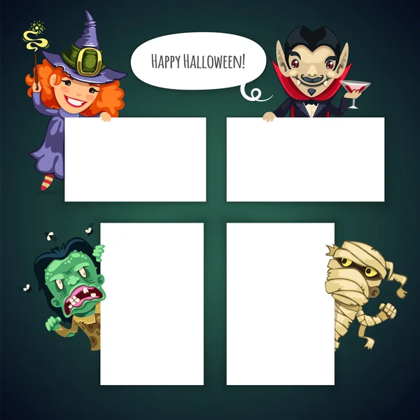 Conjunto de personajes de dibujos animados de Halloween detrás de una hoja vacía blanca — Vector de stock