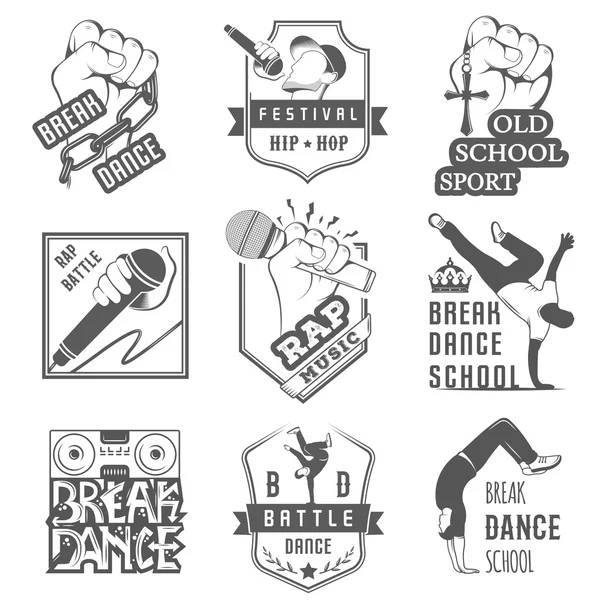 Conjunto vectorial de insignias, logotipos y danza de ruptura de signos — Vector de stock
