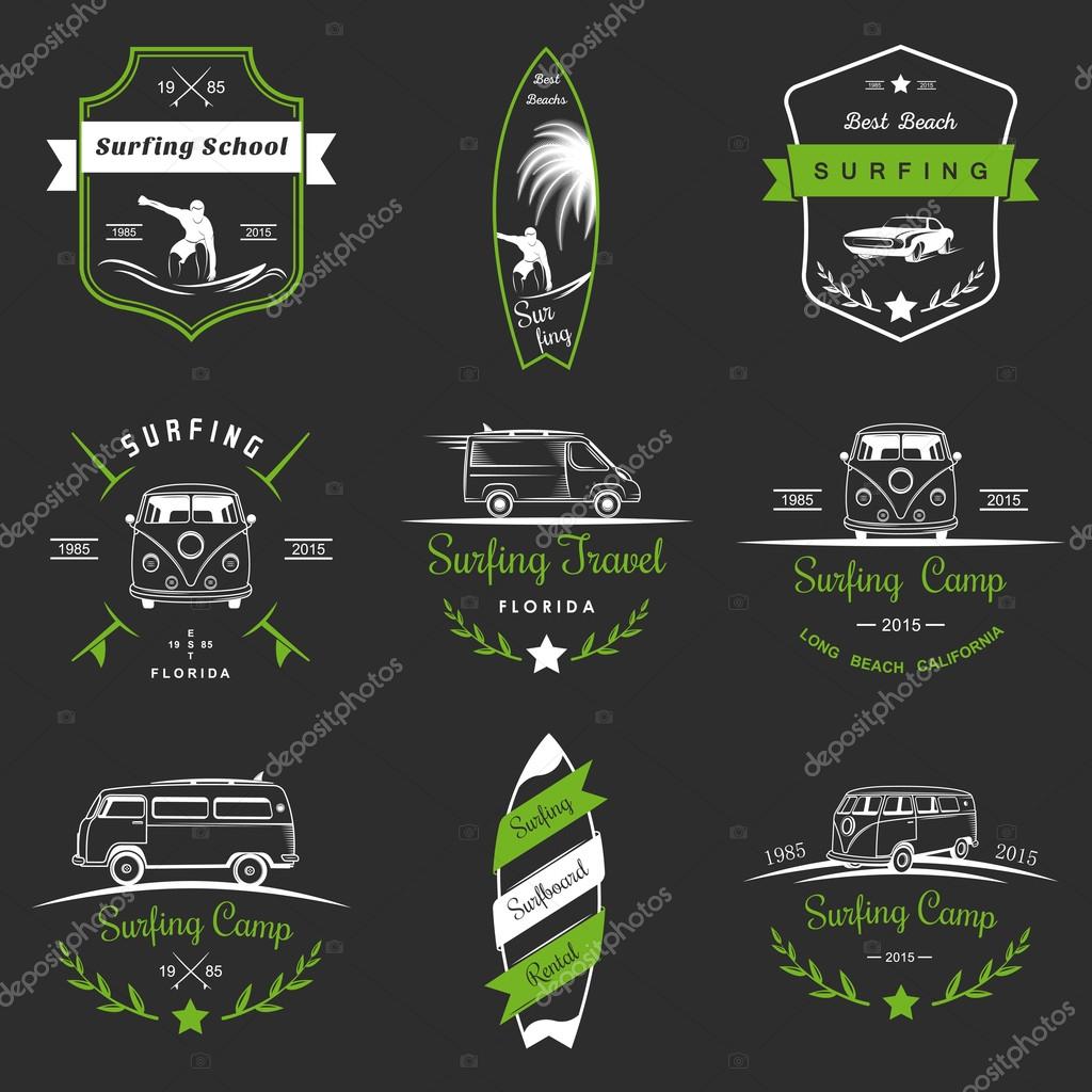Set of vector logos and badges surfing, camping, hiking and outdoor activities. The collection of symbols and emblems surf clubs, surf schools, rental, camping and beaches