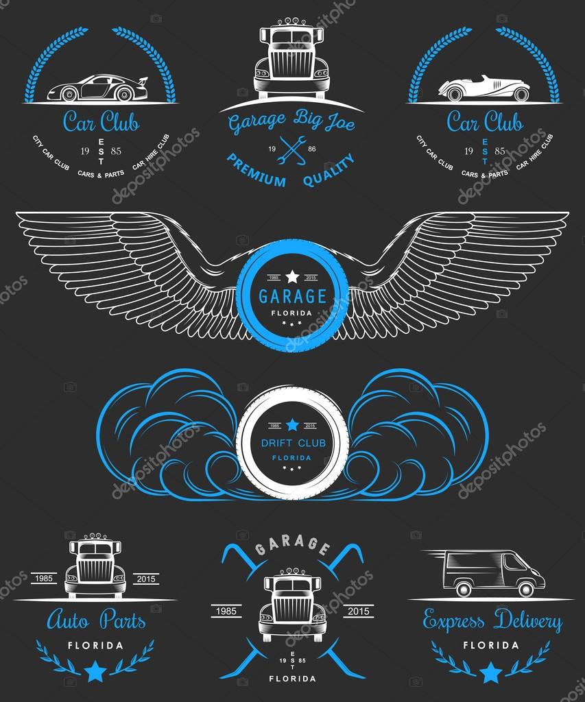 Set of vintage car club, drift club, auto parts and garage labels, badges and design elements. Badges trucks, vintage cars and sports cars.