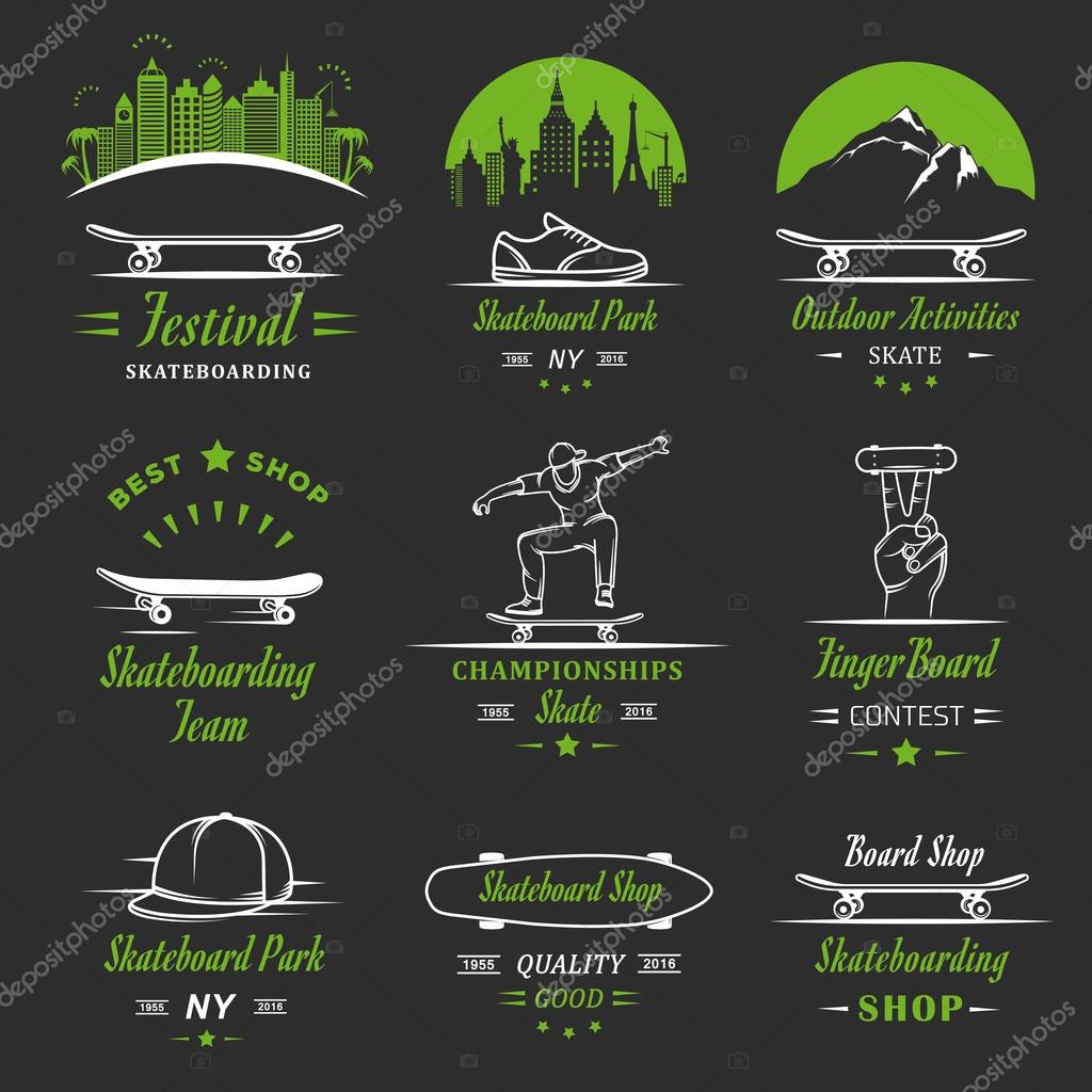 Set of skateboarding logo, badge, emblems, stickers, labels and elements of street style. Collection sign street art, street life and graffiti