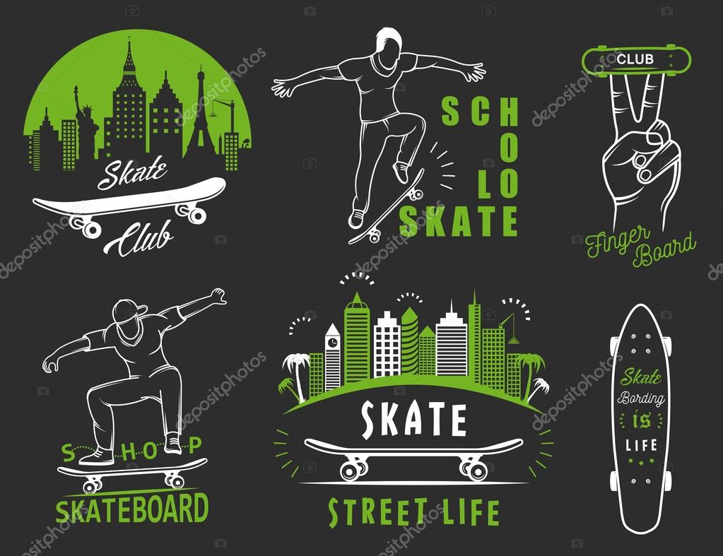 Set of skateboarding logo, badge, emblems, stickers, labels and elements of street style. Collection sign street art, street life and graffiti