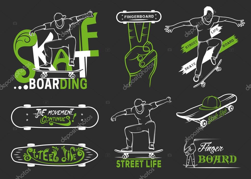 Set of skateboarding emblems, logo, badge, labels and designed elements. Collection sign street art, street life and graffiti