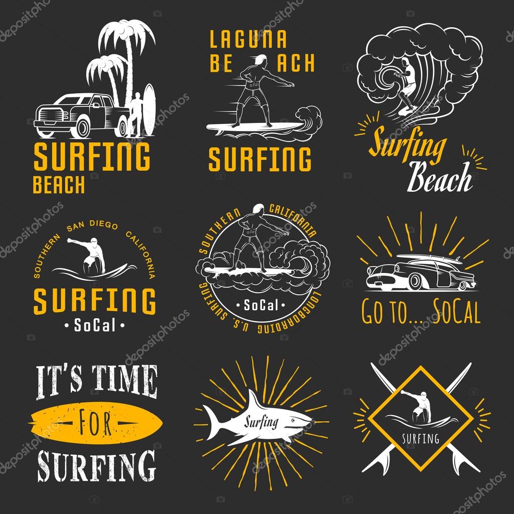 Set of vintage surfing graphics, emblems and badges. Surf collection retro sign and logos. Surf elements and labels.