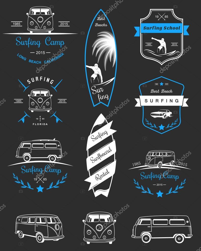 Vector badges and logos surfing, boards and equipment shops, beaches.