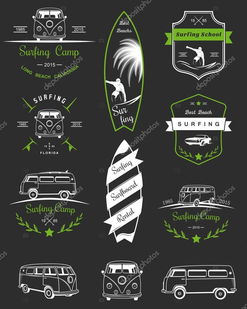 Vector badges and logos surfing, boards and equipment shops, beaches.