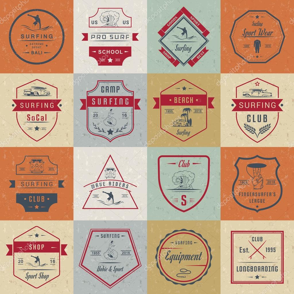 Set of vintage surfing graphics, emblems and badges. Surf collection retro sign and logos. Surf elements and labels.